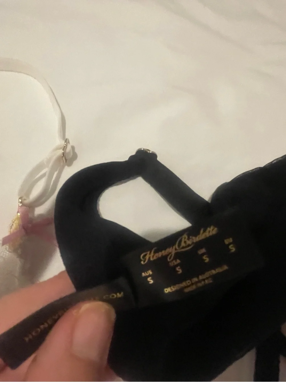NWOT Honey Birdette Black Faux Leather Triangle Bralette with Gold Accents - Picture 2 of 2